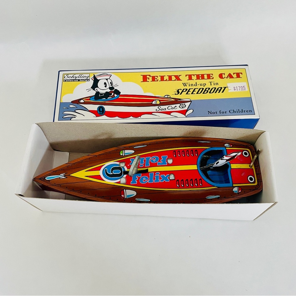 Schylling Felix the Cat Tin Speedboat Toy Red and Blue